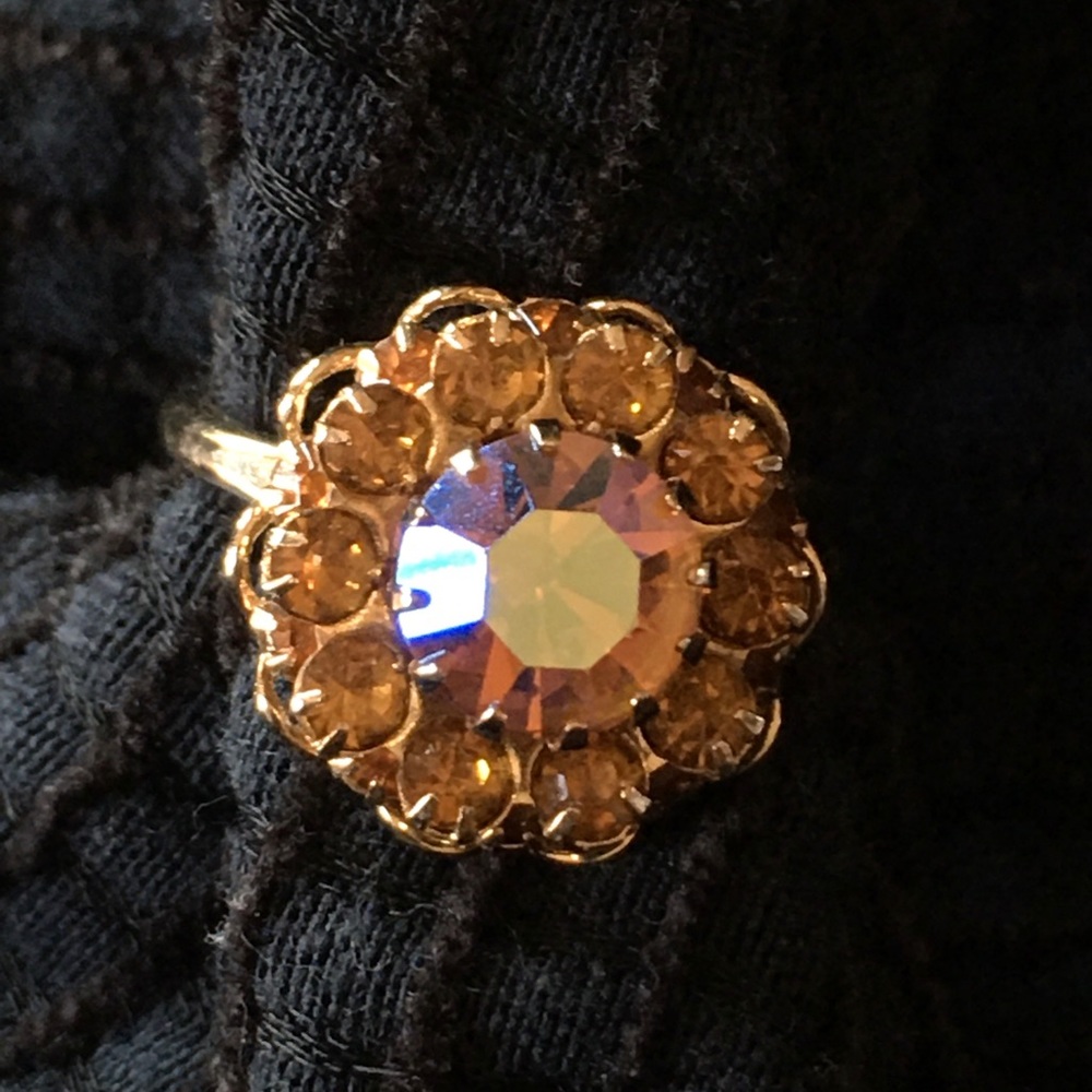 Vintage Sarah Coventry Golden Amber Rhinestones Flower Filigree Ring Adjustable